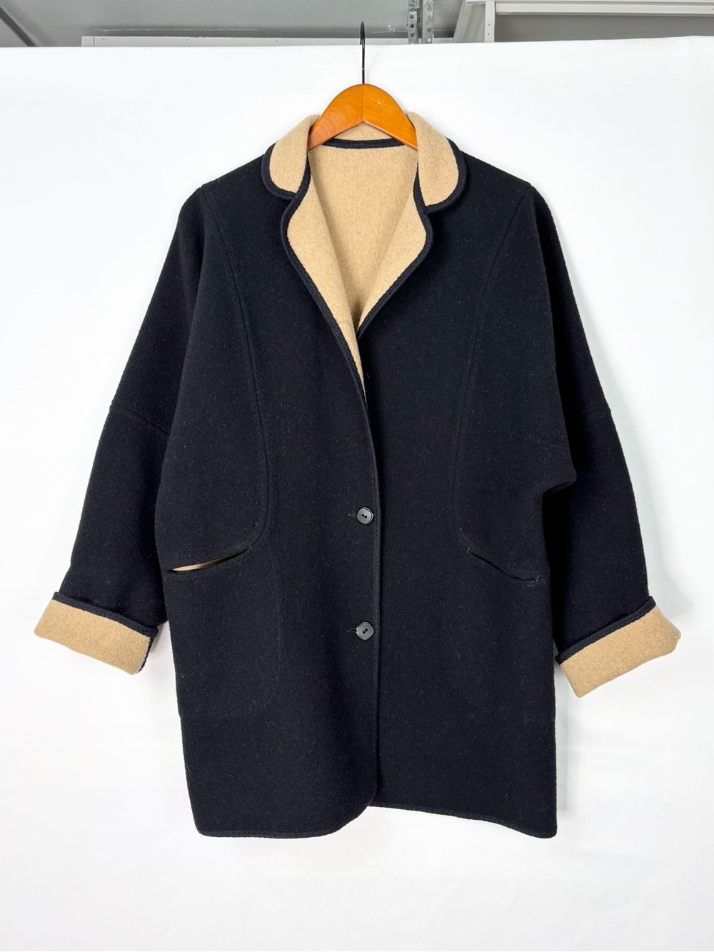 Kingfisher Welsh Reversible Wool Llama Overcoat Jacket Black Tan Button Up